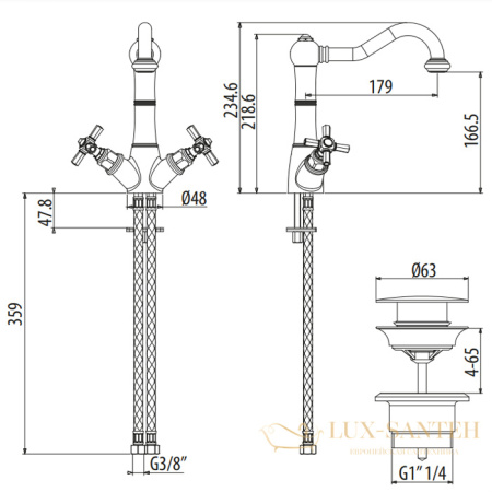 смеситель для раковины gattoni trd tr300/18c0, ручки paris, с донным клапаном, хром