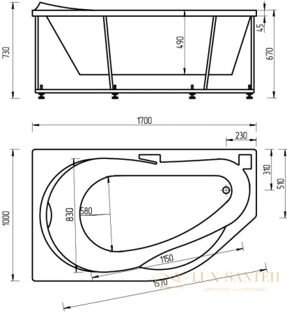 акриловая ванна aquatek таурус 170x100 tar170-0000084 левая, с фронтальным экраном