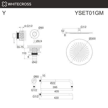 система для душа скрытого монтажа whitecross y yset01gm, оружейная сталь