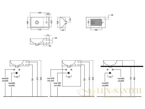 раковина hatria bahia_13 bh0450250011ts0, 45х25x13 см, подвесная/накладная, 1 отверстие для смесителя, с переливом, белый глянцевый