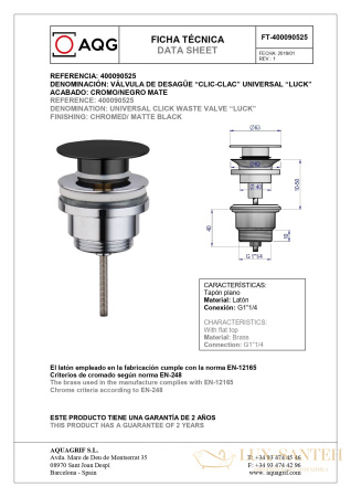 универсальный донный клапан aqg 400090925 click-clack, матовое золото