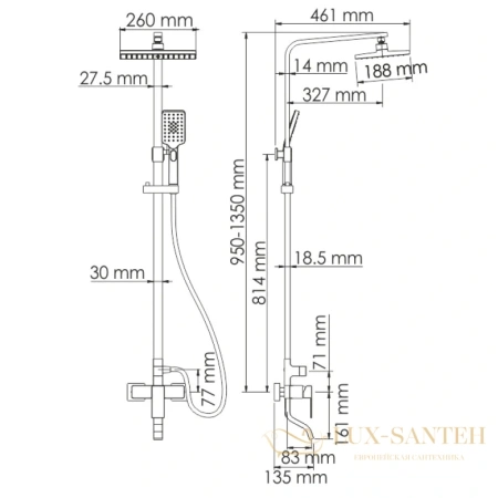 душевая система wasserkraft a16501 260х188 мм, хром