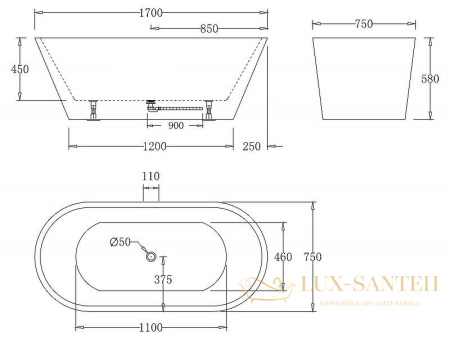 акриловая ванна belbagno bb61-1700-w0 170x75 без гидромассажа, белый