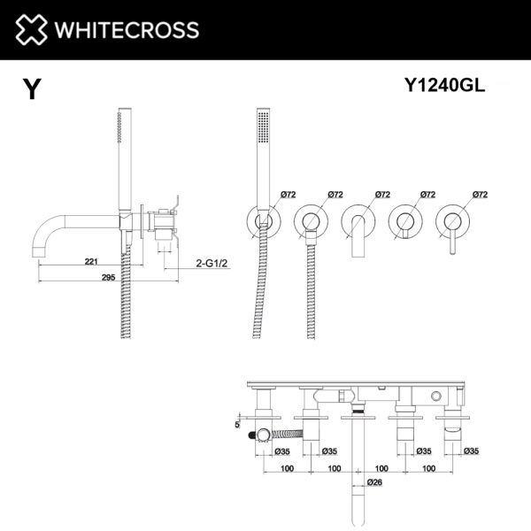 смеситель для ванны скрытого монтажа whitecross y y1240gl, золото