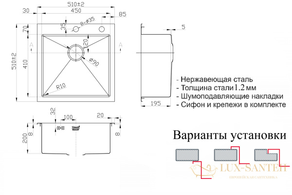 кухонная мойка zorg rx rx-5151, нержавеющая сталь