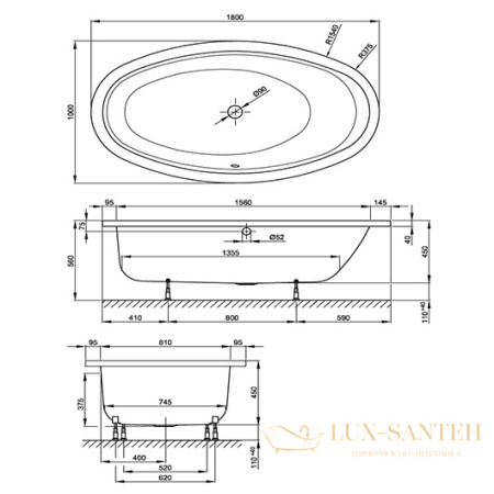 ванна bette home oval 8994-000 1800х1000 мм шумоизоляция, белый