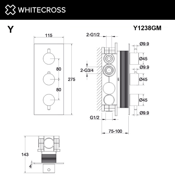 смеситель термостатический для душа скрытого монтажа whitecross y y1238gm, оружейная сталь