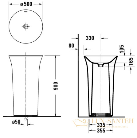 раковина напольная duravit white tulip 2703500070 ⌀ 500 мм выпуск в пол, белый