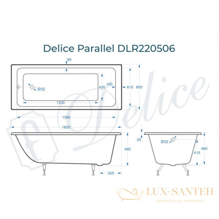 ванна чугунная delice parallel 180х80 с ручками хром, dlr220506r, белый глянцевый