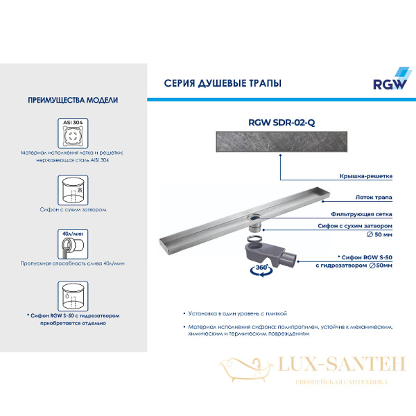 душевой лоток rgw shower drain 21210280-02 с решеткой под плитку sdr-02-q, хром