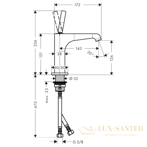 смеситель для раковины 150, axor citterio, 36101000, с донным клапаном, хром