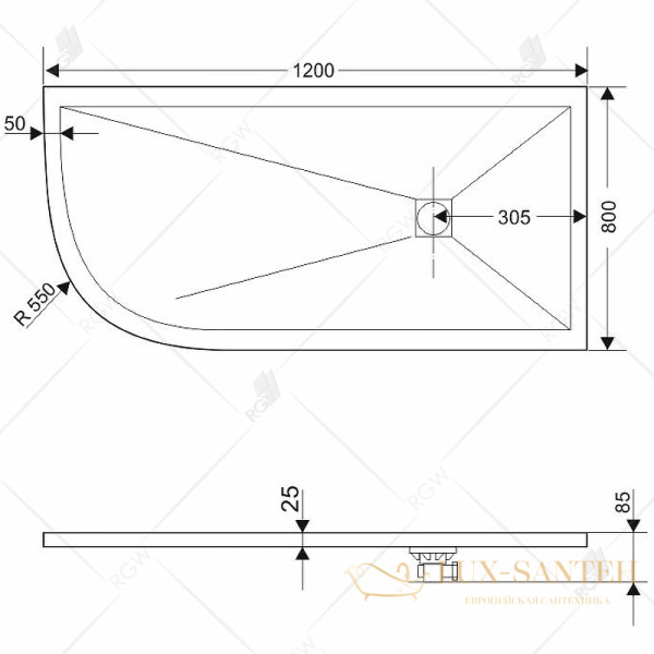 душевой поддон rgw stone tray 16154128-02r из искусственного камня st/ar-0128g 120x80 r, графит