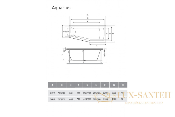 ванна акриловая relisan aquarius r 160х70х50