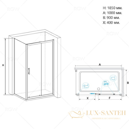 душевой уголок rgw passage 020814590-11 pa-145 100х90, профиль хром, стекло прозрачное