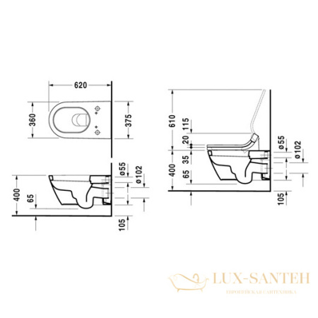 чаша подвесного унитаза duravit starck 2 2533590000 для крышки-биде sensowash, белый