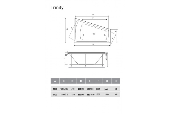 ванна акриловая vayer trinity r 170x130