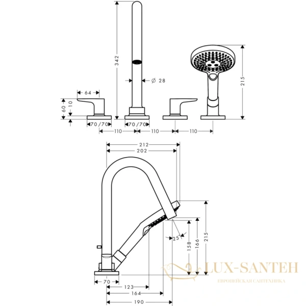 смеситель на борт ванны axor citterio m, 34454000, с ручным душем, (внешняя часть), хром