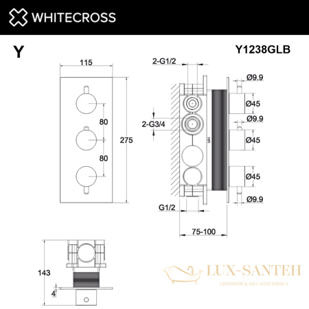 смеситель термостатический для душа скрытого монтажа whitecross y y1238glb, брашированное золото