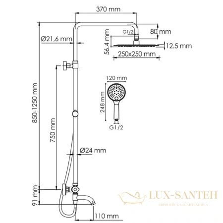 душевая система wasserkraft sauer a188.256.207.pg thermo 250 мм, золотой