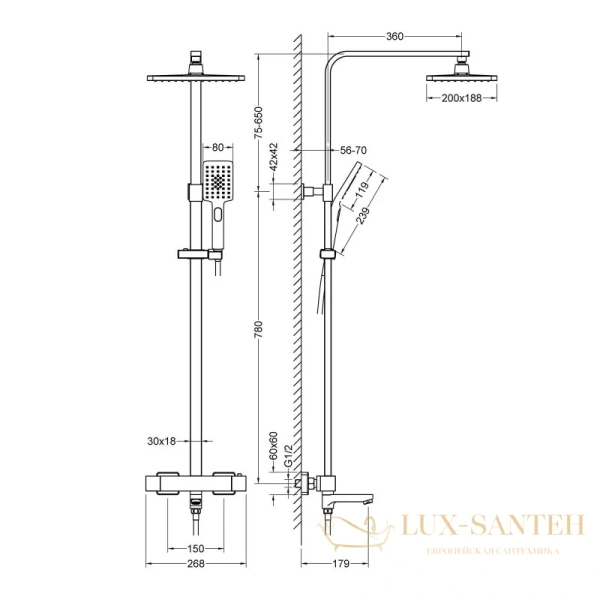 душевая система timo tetra-thermo sx-0169/17 200 мм, золотой матовый