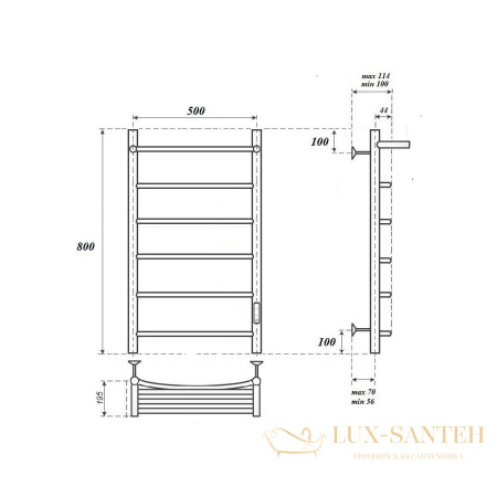 полотенцесушитель 500x800 электрический point афина pn04858pb п5 с полкой, диммер справа, черный