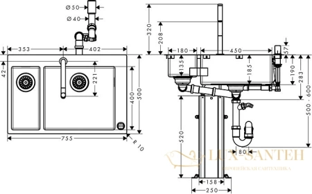 кухонная мойка с встроенным смесителем hansgrohe c71-f655-09 75x50 43206000