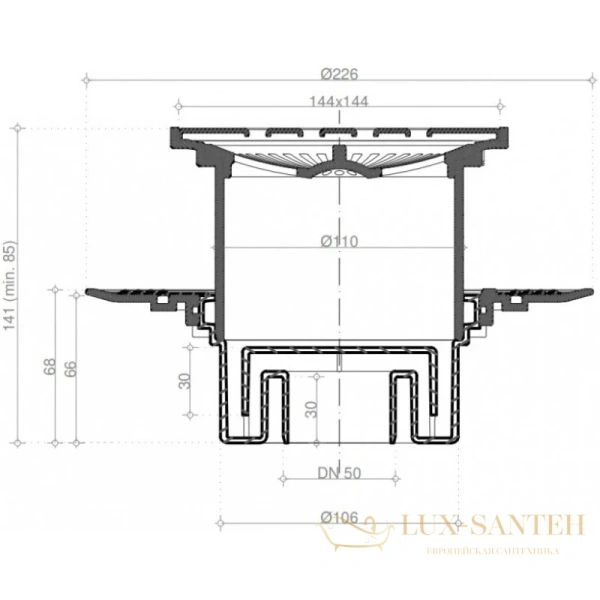 душевой трап bettoserb confluo standard square vertical 13000019 144x144/50 мм, хром