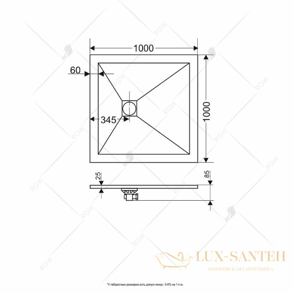 душевой поддон rgw stone tray 16152100-02 из искусственного камня st-g 100х100, графит