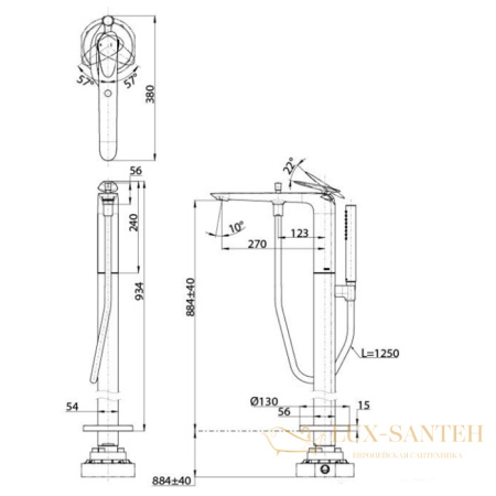 смеситель напольный для ванны toto za, tbp03301r, 130x550x934мм с ручным душем, хром