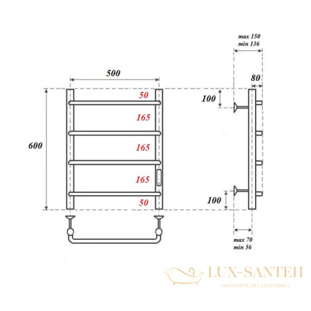 полотенцесушитель 500x600 электрический point ника pn08856 п4 диммер справа, хром