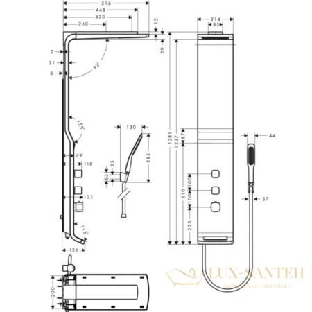 душевая панель hansgrohe raindance lift 180 2jet 27008400 внешнего монтажа, белый/хром