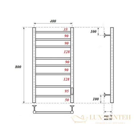 полотенцесушитель 400x800 электрический point аврора pn10848 п8 диммер справа, хром