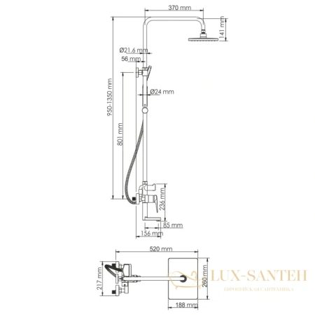 душевая система wasserkraft aisch a15501 260х188 мм, золотой матовый