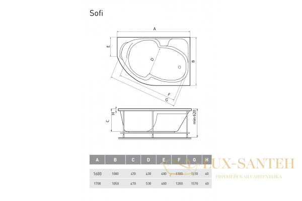 ванна акриловая relisan sofi r 170x105
