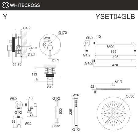 система для душа скрытого монтажа whitecross y yset04glb, брашированное золото