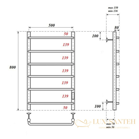 полотенцесушитель 500x800 электрический point ника pn08858 п6 диммер справа, хром