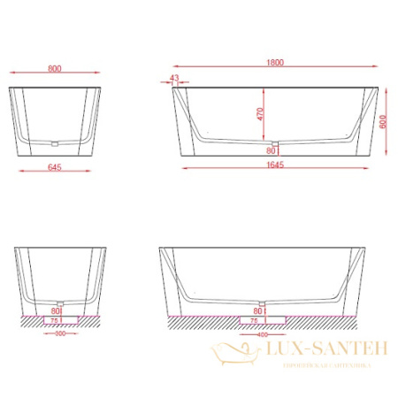 ванна artceram square acw004 05 отдельностоящая 1800х800 мм, белый матовый