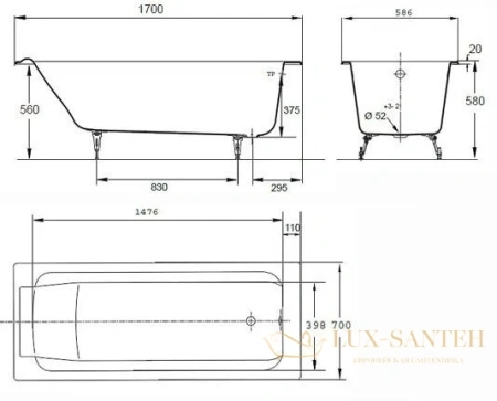 чугунная ванна jacob delafon parallel 170x70 e2948-00 с отверстиями для ручек