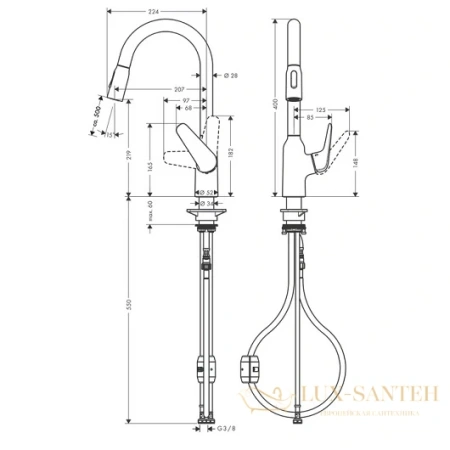 смеситель для кухни hansgrohe focus m42 с вытяжным изливом сталь (71800800)