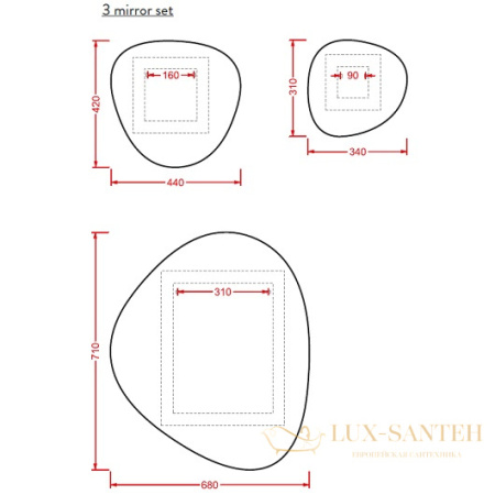 комплект зеркал artceram mirrors stone acs004 3 шт, зеркальный