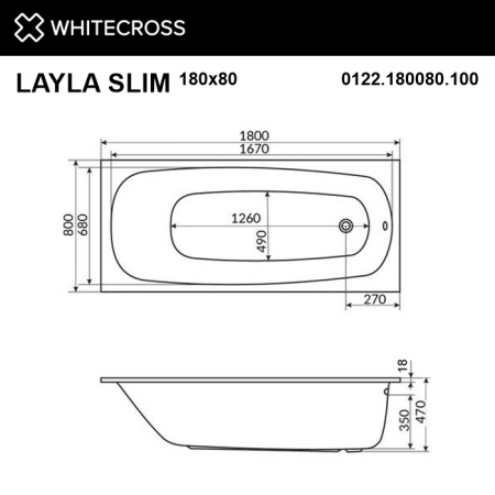 ванна whitecross layla slim 180x80 "line", 0122.180080.100.line.cr, белый