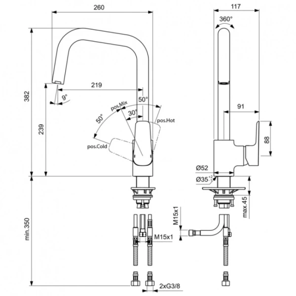 смеситель ideal standard ceraplan iii b0960aa для кухни, хром