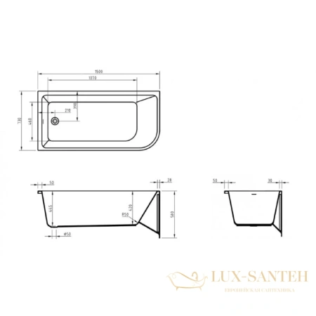 ванна угловая 150x73 см левосторонняя, belbagno bb712-1500-730-l, белый глянцевый