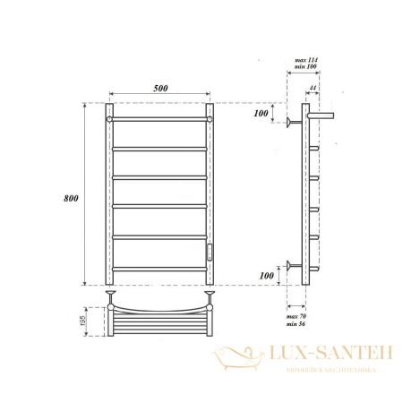 полотенцесушитель 500x800 электрический point афина pn04858p п5 с полкой, диммер справа, хром