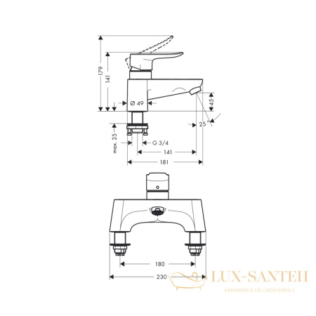 смеситель для ванны hansgrohe metris 31423000, хром