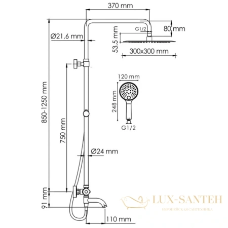 душевая система wasserkraft sauer a188.261.207.pg thermo 300 мм, золотой