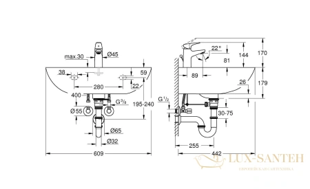 раковина подвесная grohe euro ceramic 65 39644000, белая