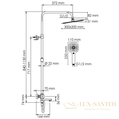 душевая система wasserkraft a199.069.065.087.ch thermo 300х200 мм, хром