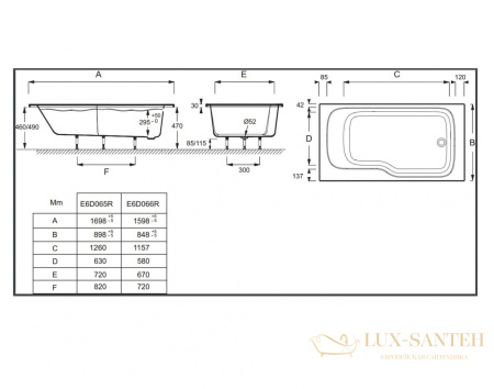 акриловая ванна jacob delafon bain douche malice e6d065r-00 170*90 см правосторонняя, белый