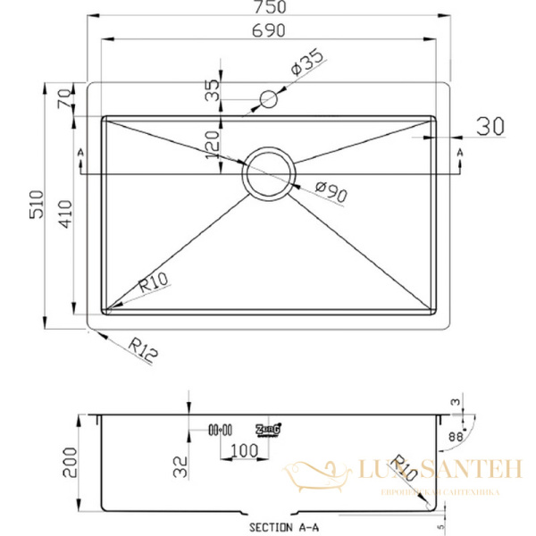 кухонная мойка zorg pvd pvd 7551 grafit, графит